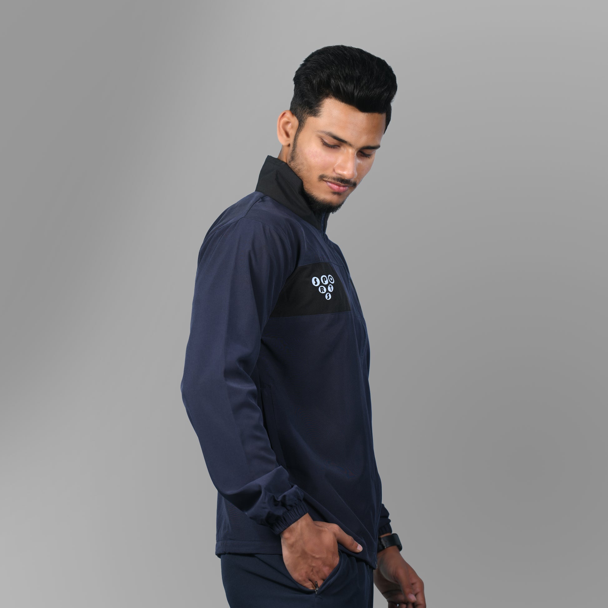 Mesh Windcheater Jacket (Navy Blue with Black Blocks) - SPORTS VILLA