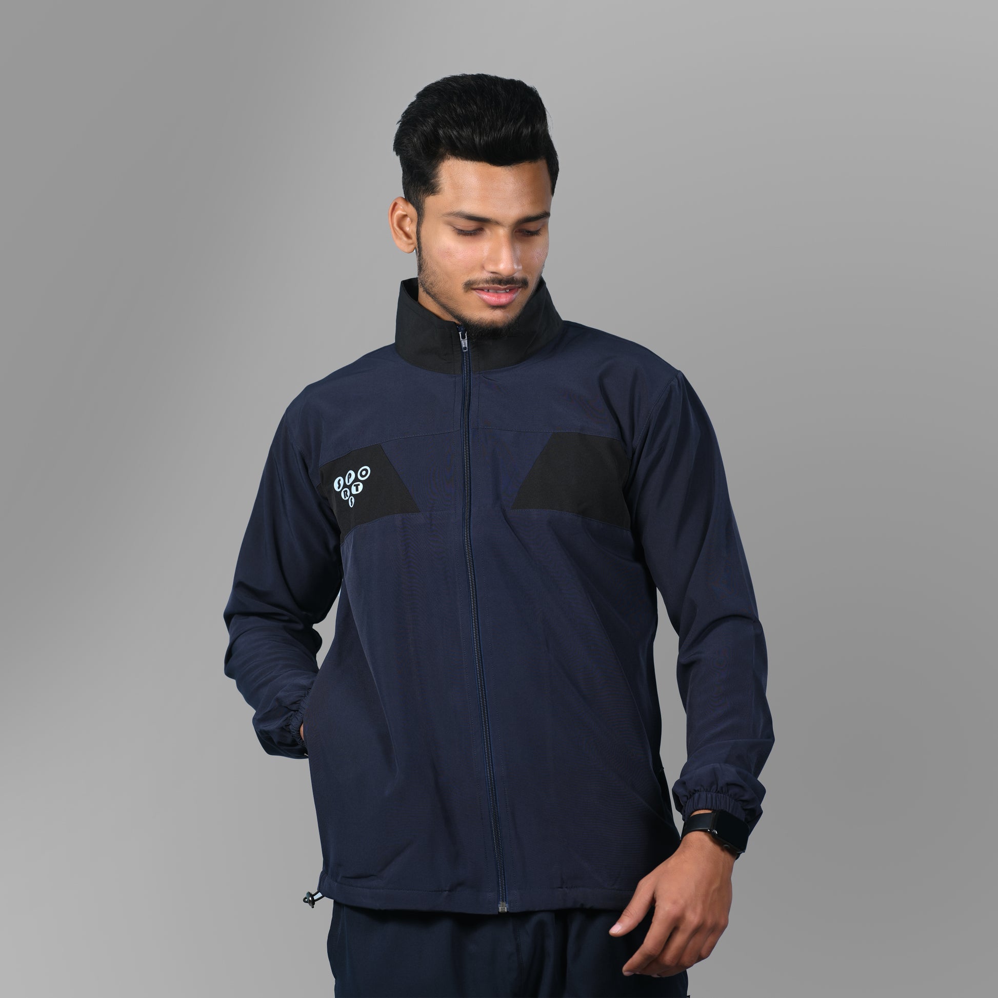 Mesh Windcheater Jacket (Navy Blue with Black Blocks) - SPORTS VILLA