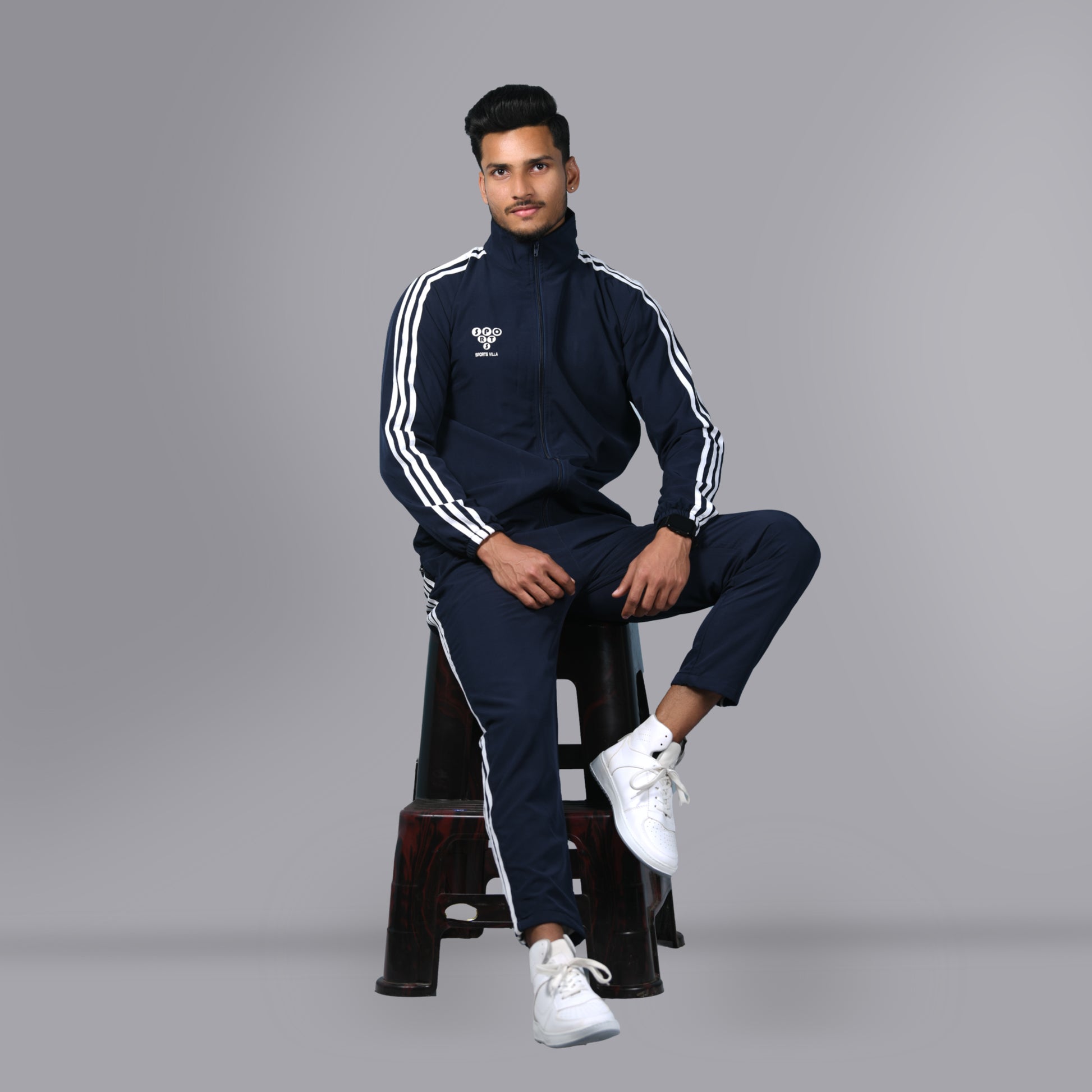 Mesh Windcheater Tracksuit (Striped Navy Blue) - SPORTS VILLA