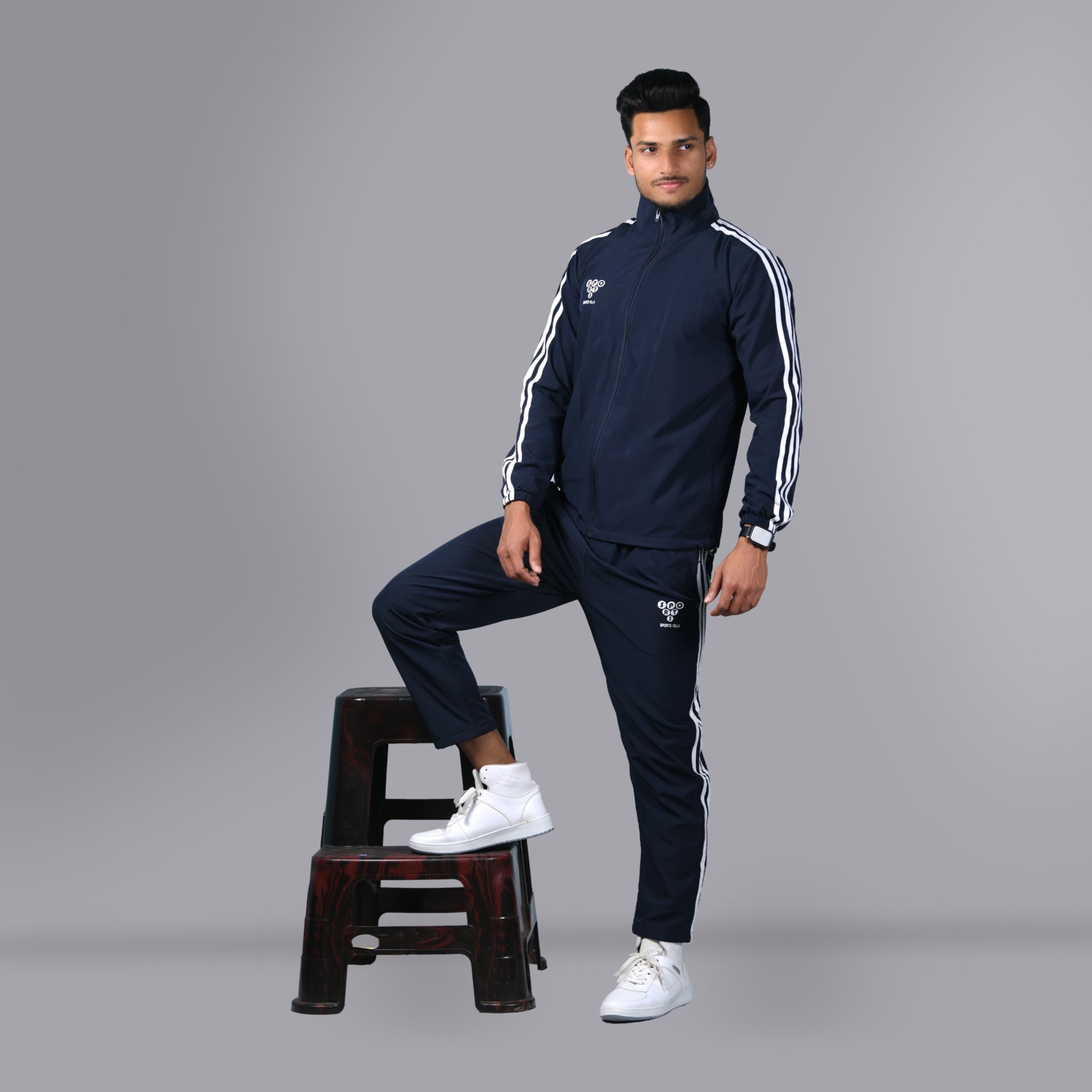 Mesh Windcheater Tracksuit (Striped Navy Blue) - SPORTS VILLA