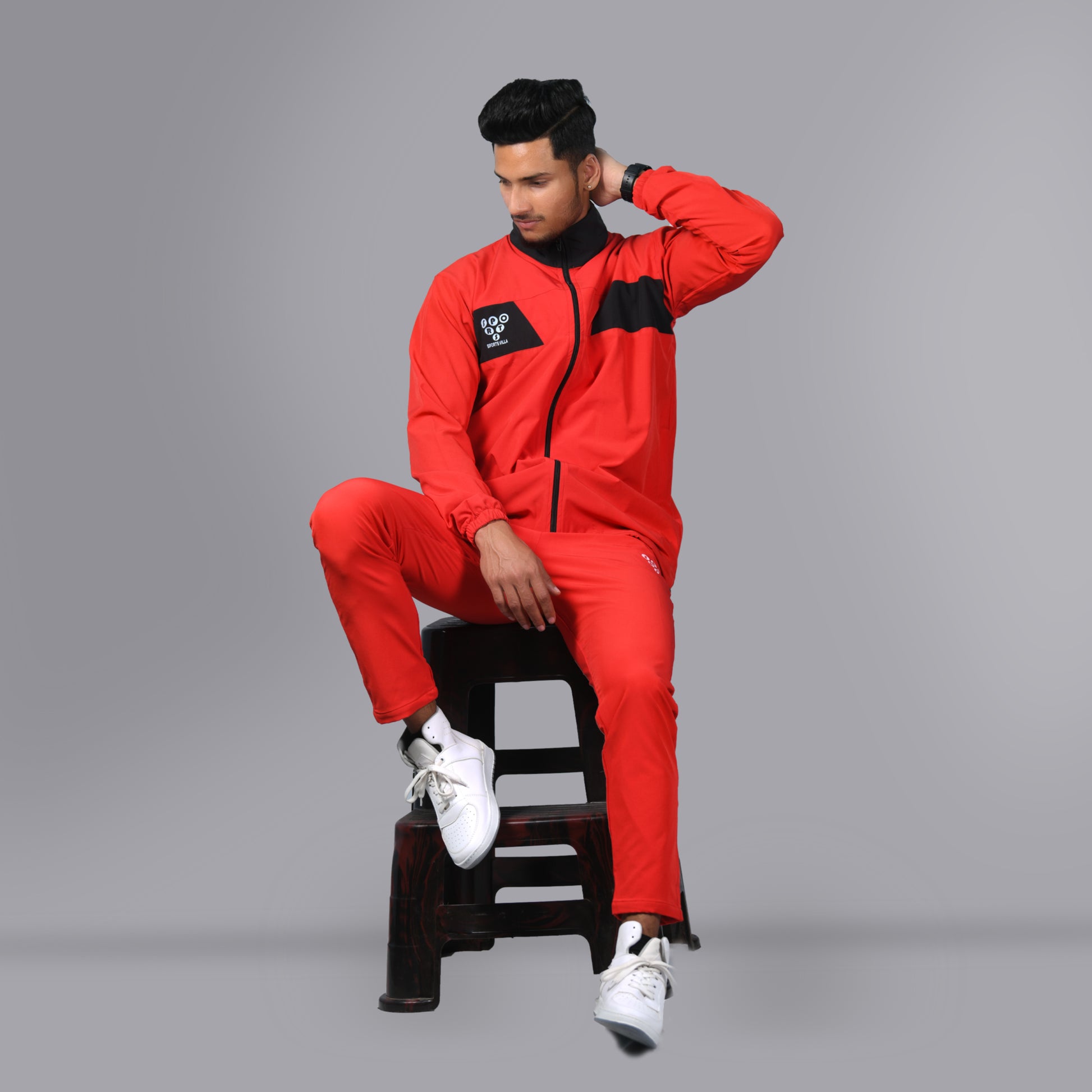 Mesh Windcheater Tracksuit (Patched Red) - SPORTS VILLA