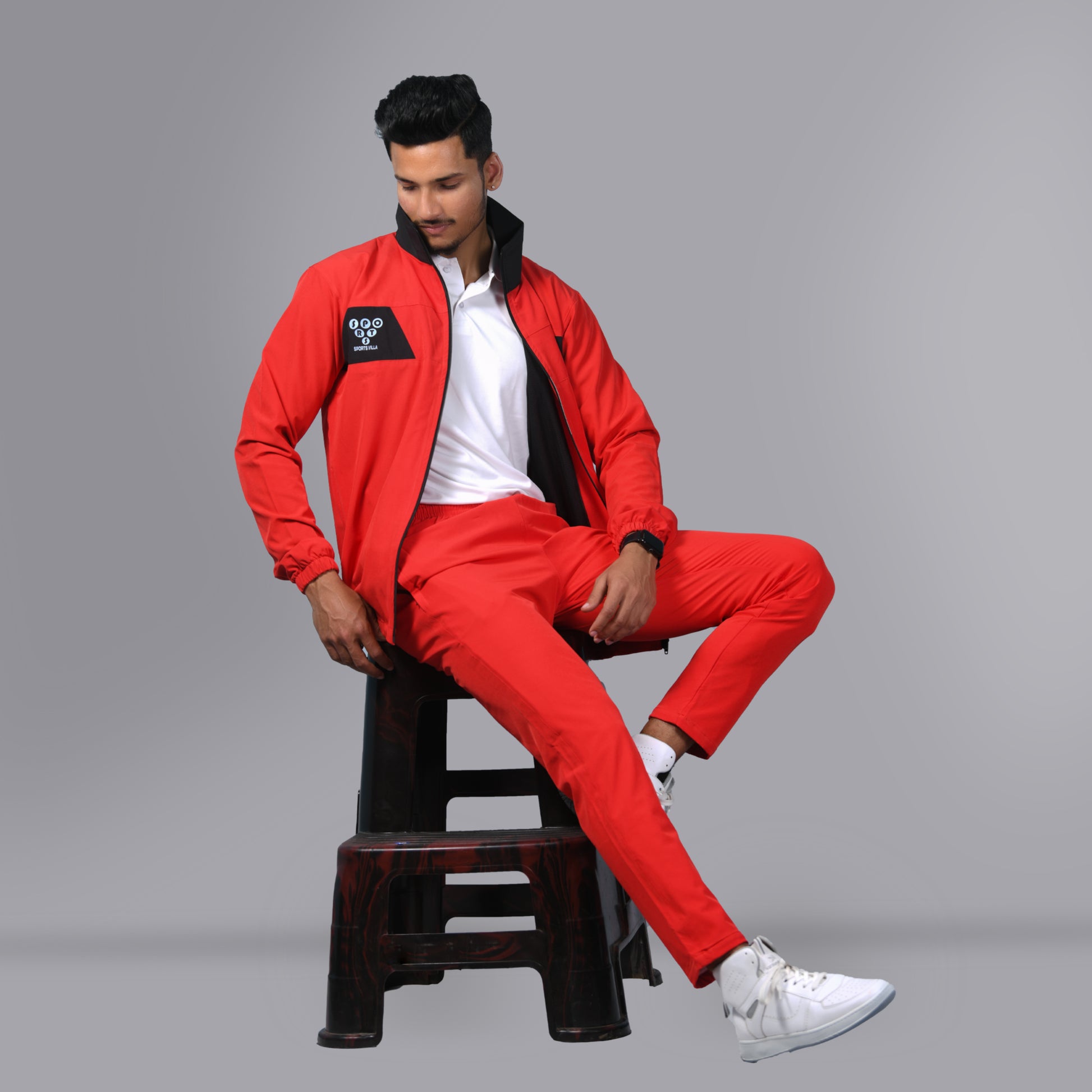 Mesh Windcheater Tracksuit (Patched Red) - SPORTS VILLA