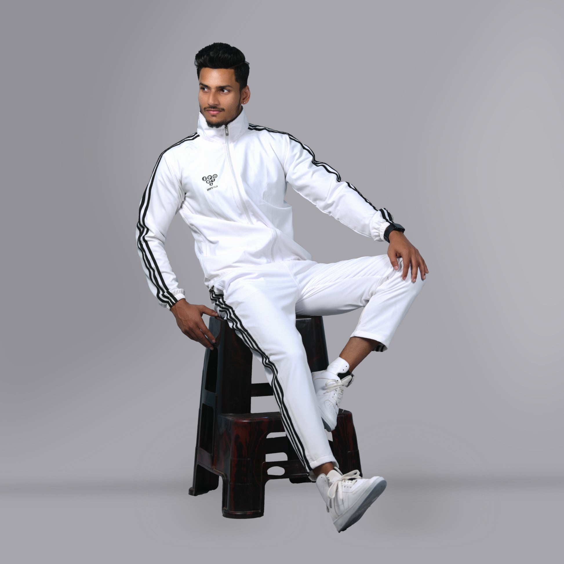 Mesh Windcheater Tracksuit (Striped White) - SPORTS VILLA