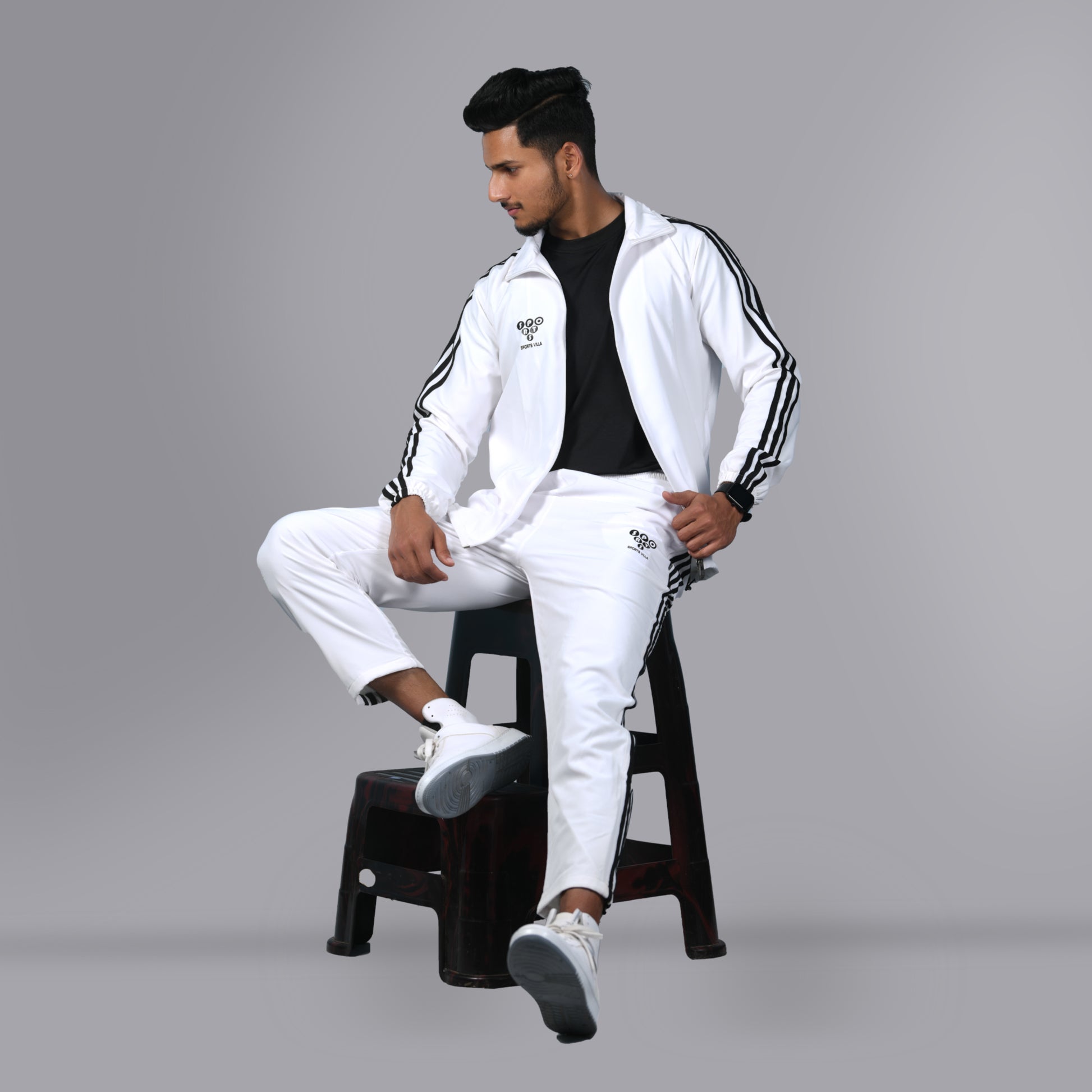 Mesh Windcheater Tracksuit (Striped White) - SPORTS VILLA