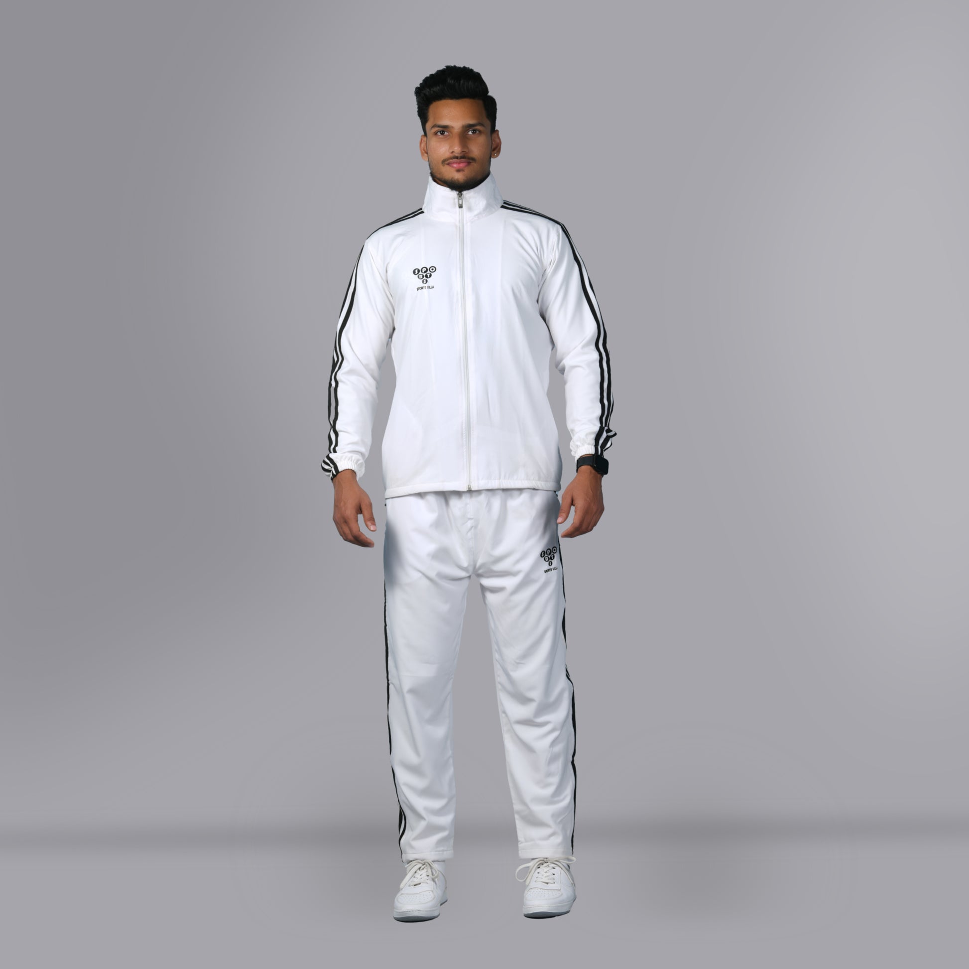 Mesh Windcheater Tracksuit (Striped White) - SPORTS VILLA